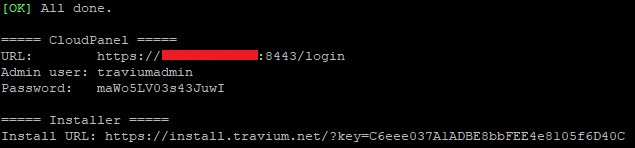 Installer finished output with CloudPanel URL, user and password