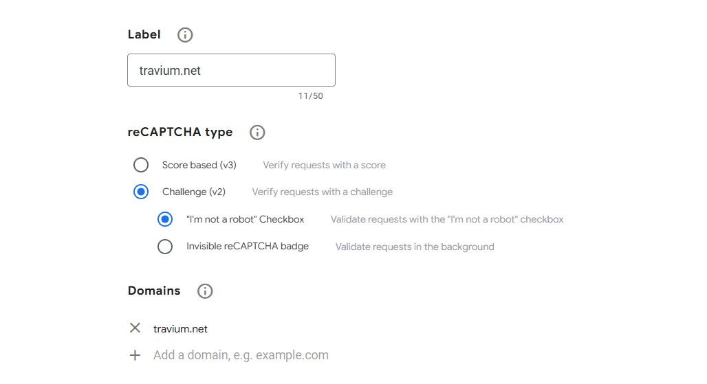 reCAPTCHA v2 'I'm not a robot' Checkbox setup screen
